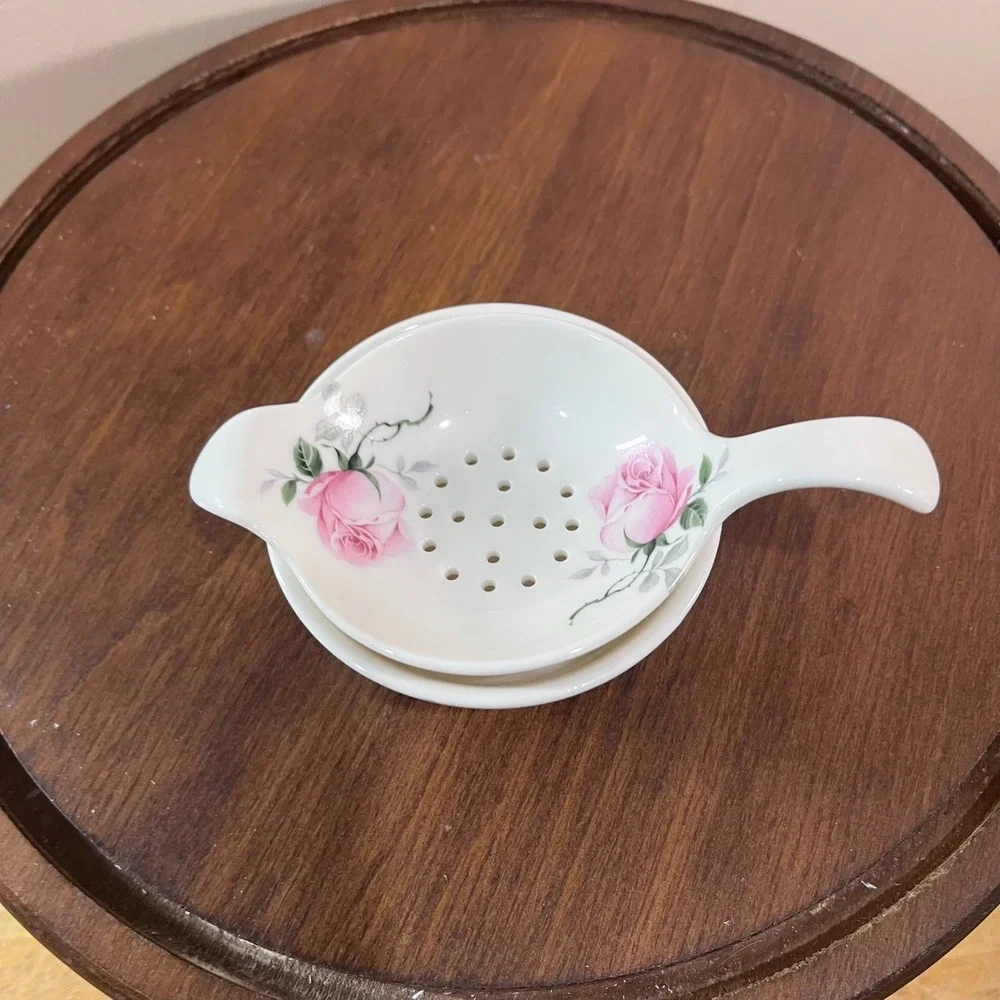 Vtg Allyn Nelson Porcelain Tea Strainer and Drip Bowl Set Pink Rose Floral 2pc